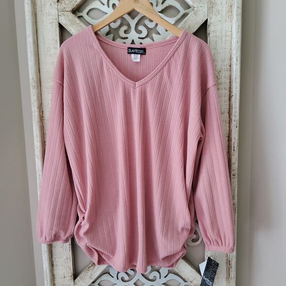 Due Time Maternity Balloon Long Sleeve V-Neck Ruched Top in Pink - Picture 1 of 5